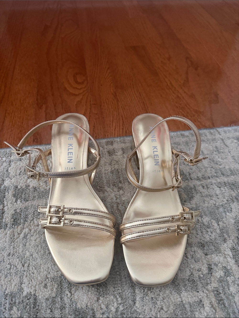 Anne Klein Metallic Gold Strappy Ankle‑Buckle Heels